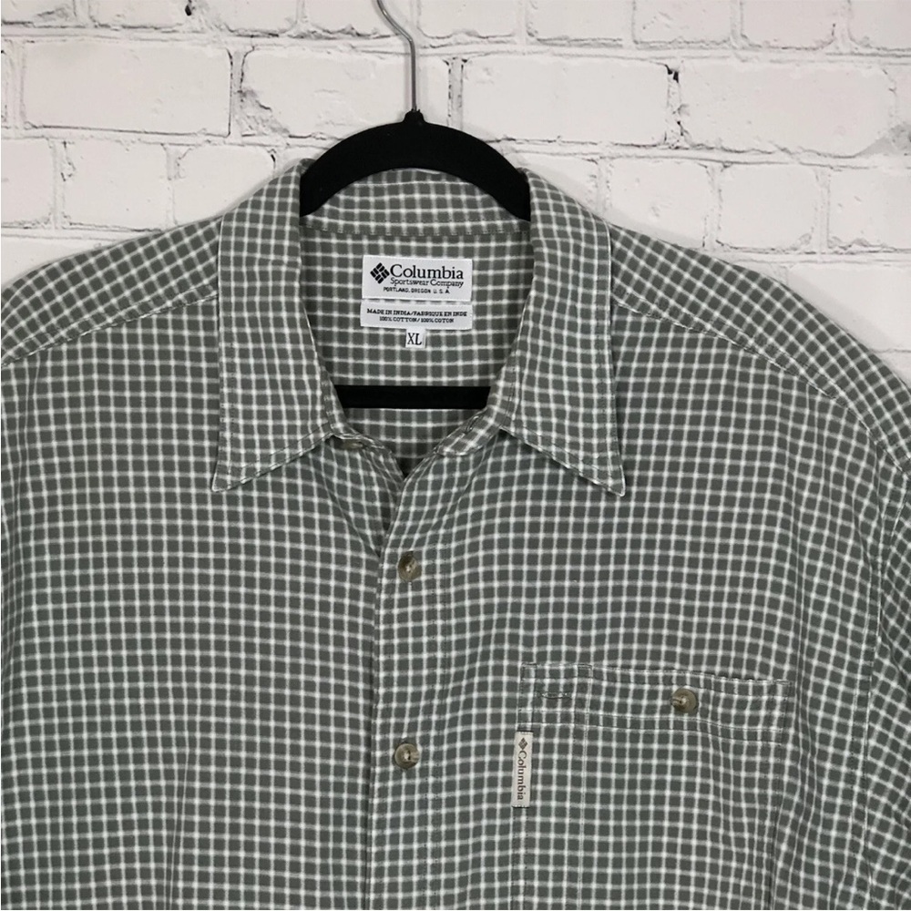 Columbia Shirt Mens XL Green White Checkered Button Down Short Sleeve - Picture 2 of 9